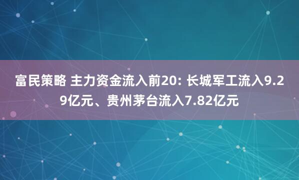 富民策略 主力资金流入前20: 长城军工流入9.29亿元、贵州茅台流入7.82亿元
